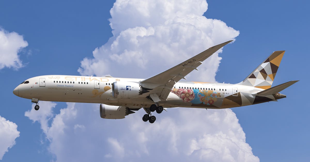 Vue aérienne d'un avion Etihad Airways survolant une ville moderne asiatique au lever du soleil