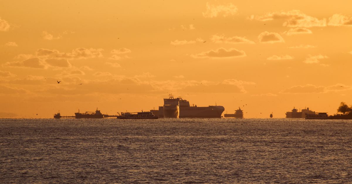 Navire cargo traversant un détroit stratégique au lever du soleil, avec des champs fertiles en arrière-plan
